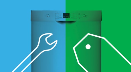 Wrench icon on left, price tag icon on right on top of dishwasher