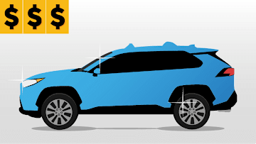 Illustration of a slightly sparkling blue car with 3 dollar sign stickers indicating slightly less than full price.